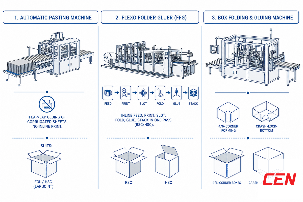 Three Ways to Glue a Corrugated Box: Pasting Machine vs Flexo Folder Gluer vs Box Folding-and-Gluing Machine — Cenwan Machine
