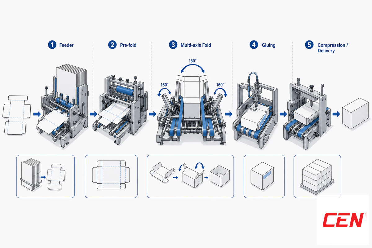 How a Stereo Box Folder Gluer Works: 5 Stations of the Multi-Axis Fold Path