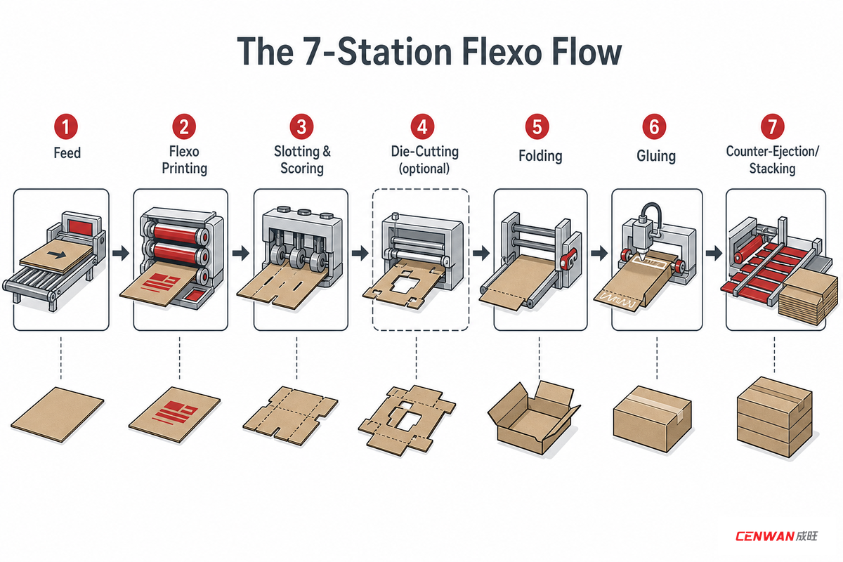 How a Flexo Folder Gluer Machine Works: The 7-Station Flow — Cenwan Machine
