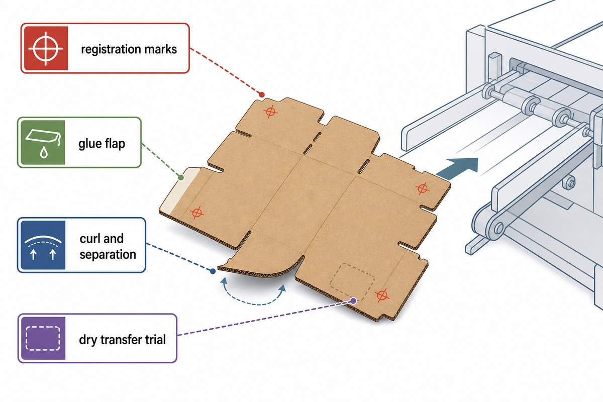Die-cut blank inspection map marking registration, glue flap orientation, curl and transfer trial points