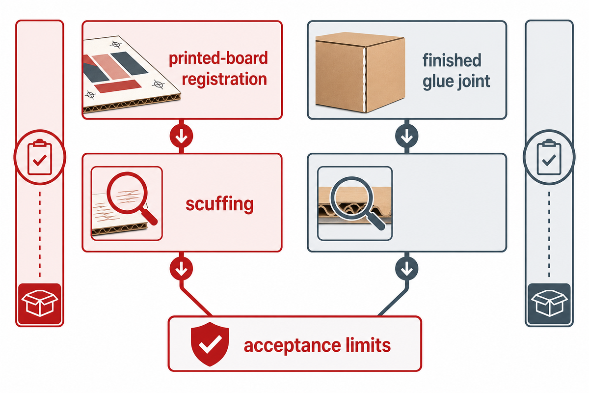 Separate quality lanes for printed-board condition and finished glue-joint acceptance