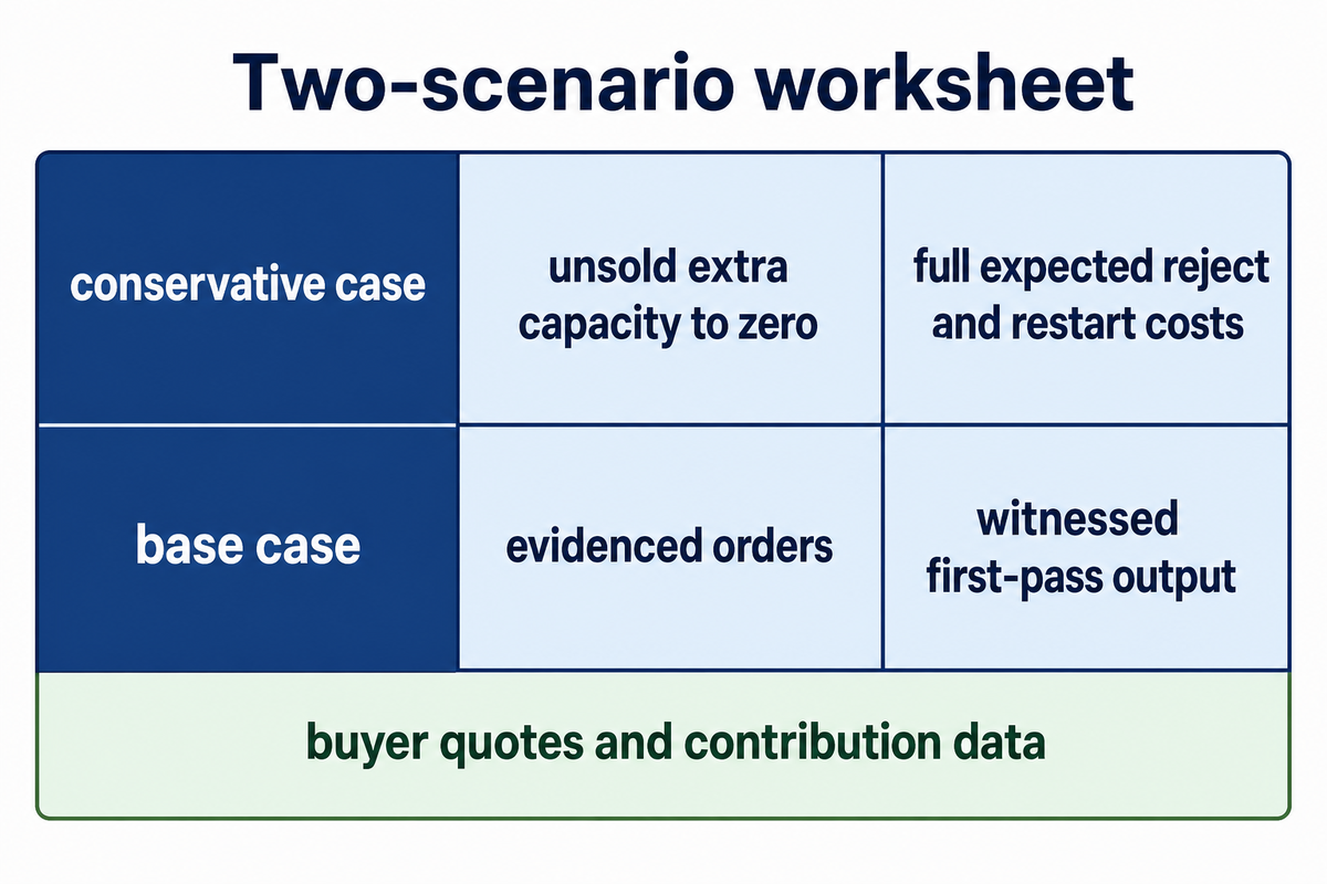 Two-scenario payback worksheet comparing conservative unsold-capacity and restart-cost assumptions with base-case orders and witnessed output