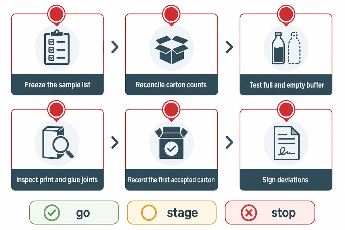 Six witnessed trial stages from frozen samples through signed deviations, followed by go, stage or stop