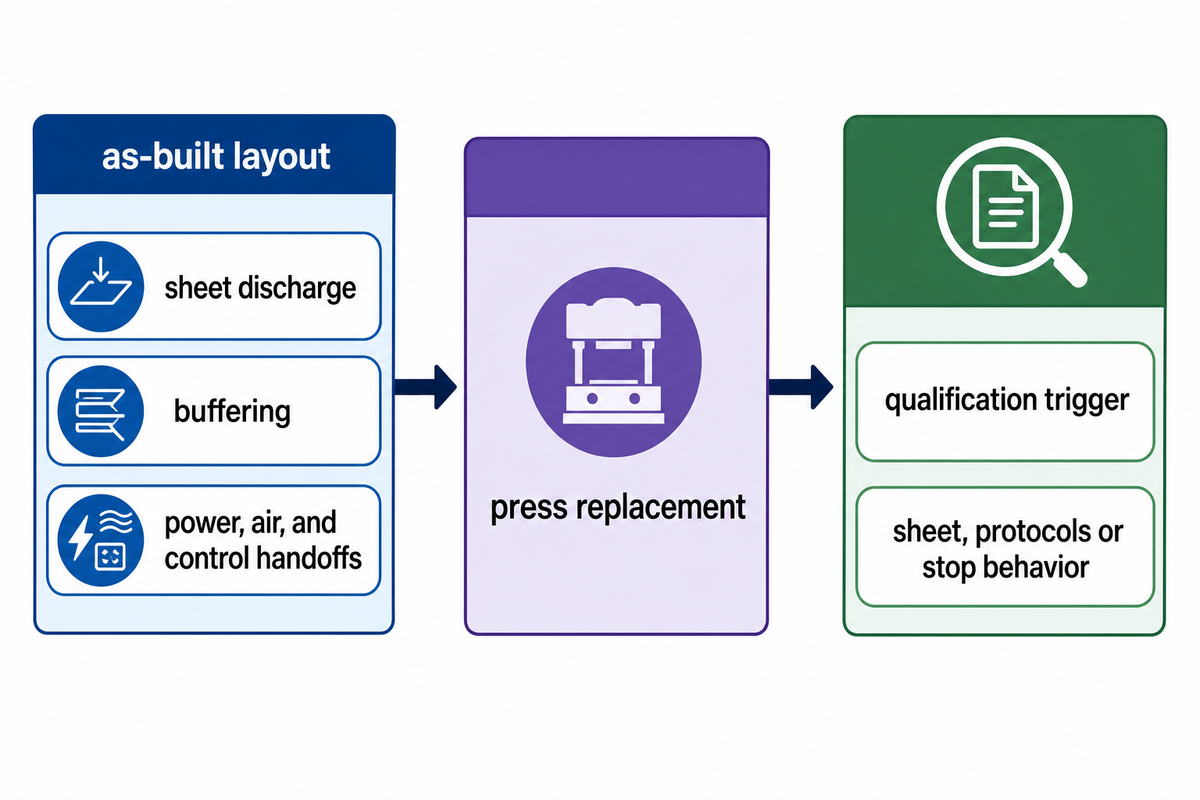 As-built interfaces and a later press replacement leading to requalification of sheet, protocol and stop behavior