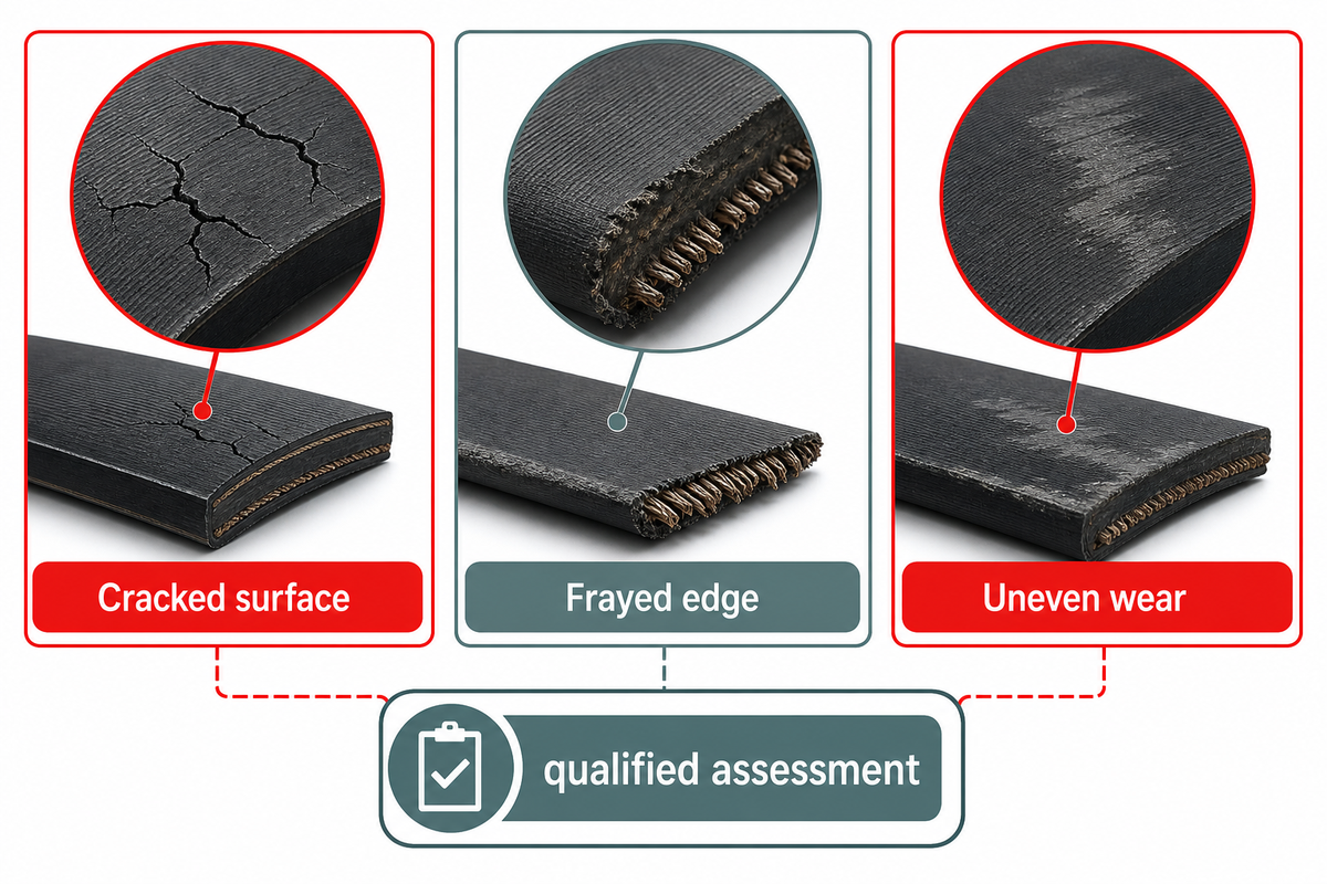 Cracks, fraying and uneven wear prompt qualified assessment.