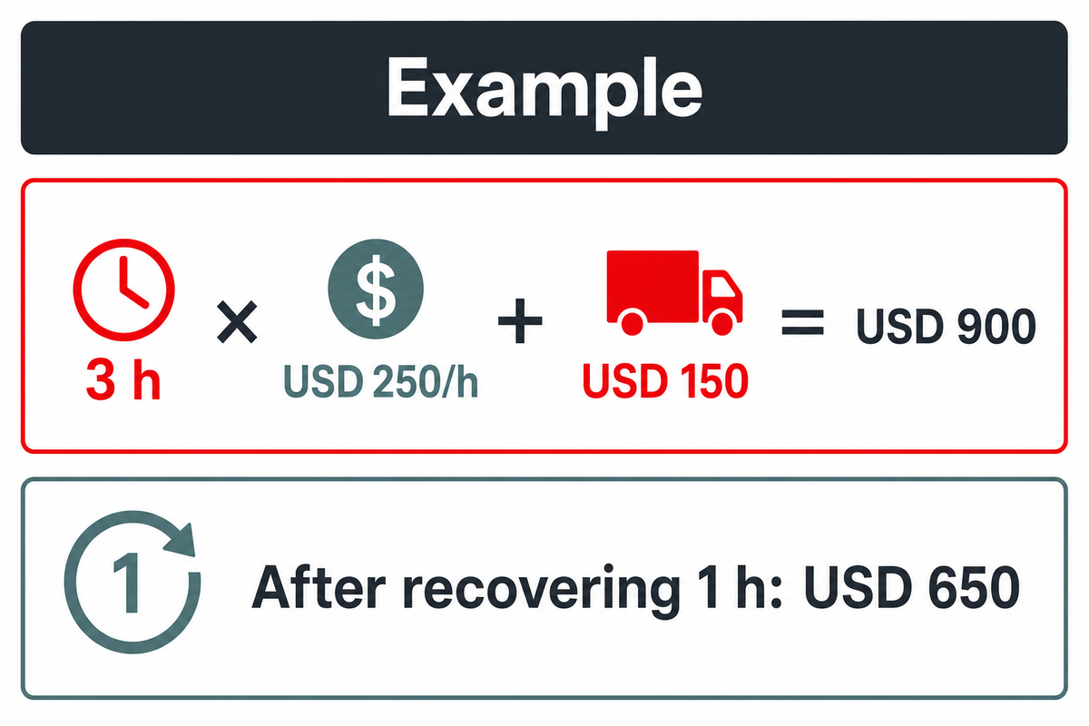 Assumed delay cost falls from USD900 to USD650 after one hour is recovered.