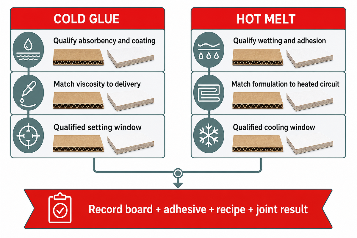 Qualify the board, adhesive and joint together; sources: TAPPI paperboard study and H.B. Fuller.