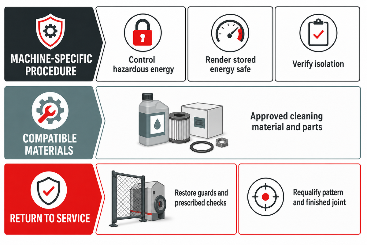 Use the installed maintenance procedure and verify isolation; sources: US OSHA and Robatech.