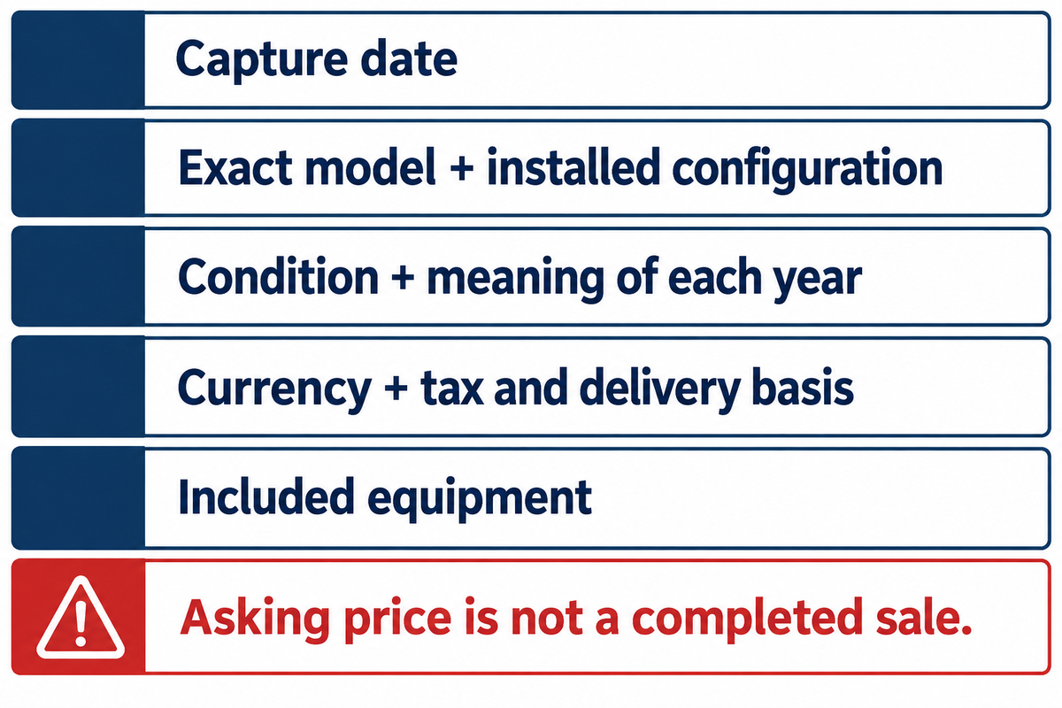 Record five fields with each asking price; an advertisement does not establish a sale price (seller listings).