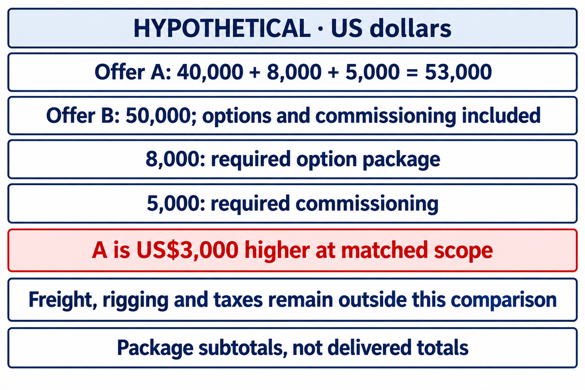 Hypothetical Offer A totals US$53,000 versus B at US$50,000 before unresolved delivery costs (worked example).