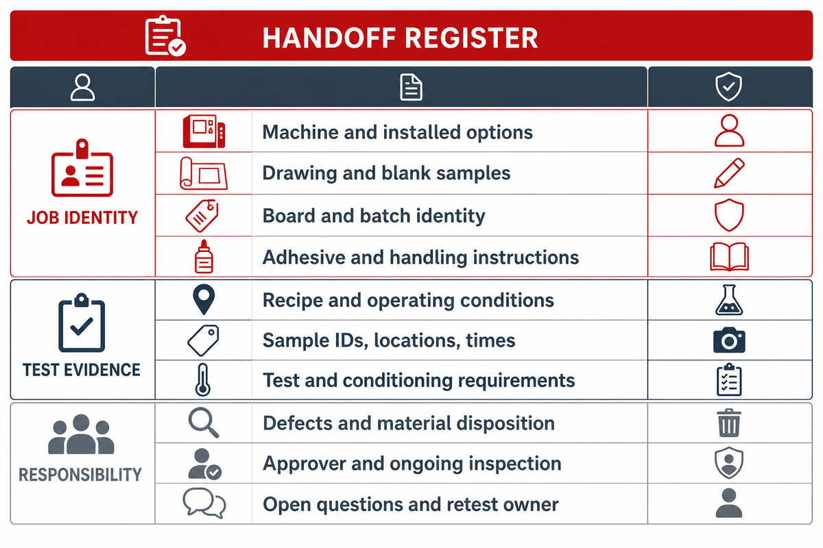 A supplier handoff needs job identity and release evidence; evidence-based editorial synthesis of the section sources.