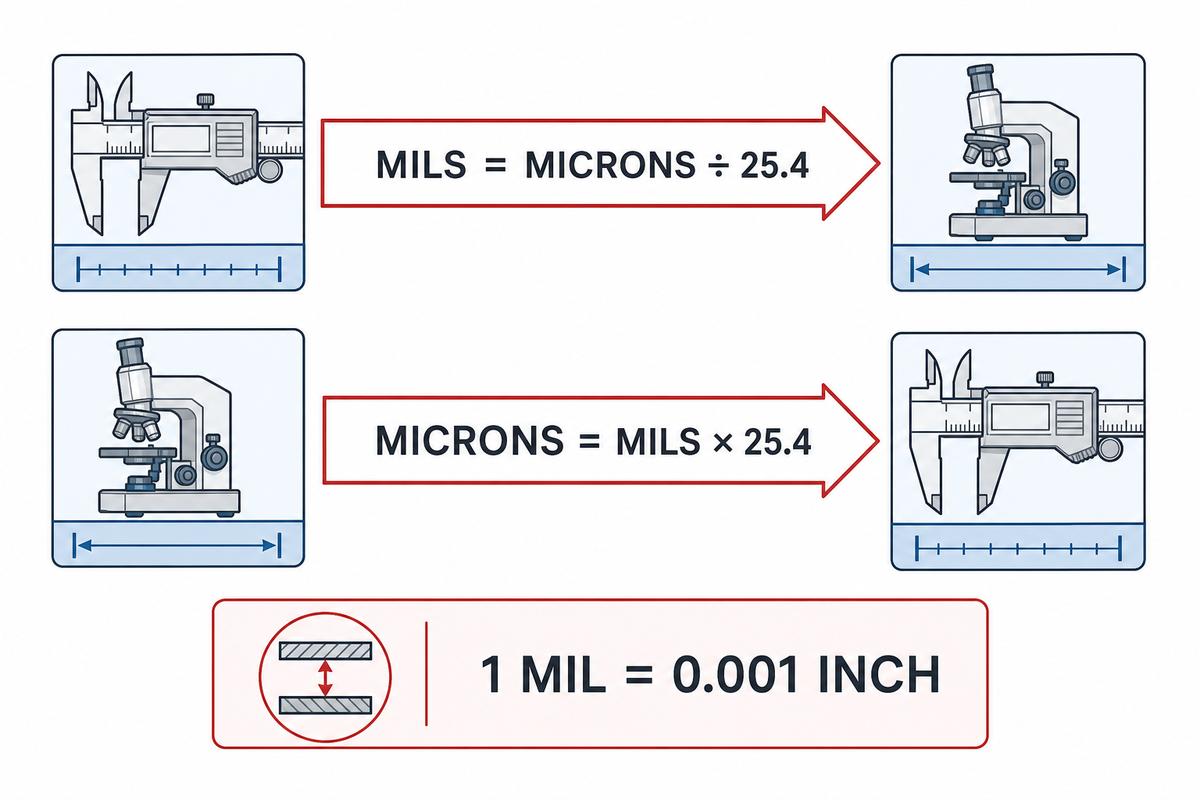 Microns divided by 25.4 give mils, and mils multiplied by 25.4 give microns