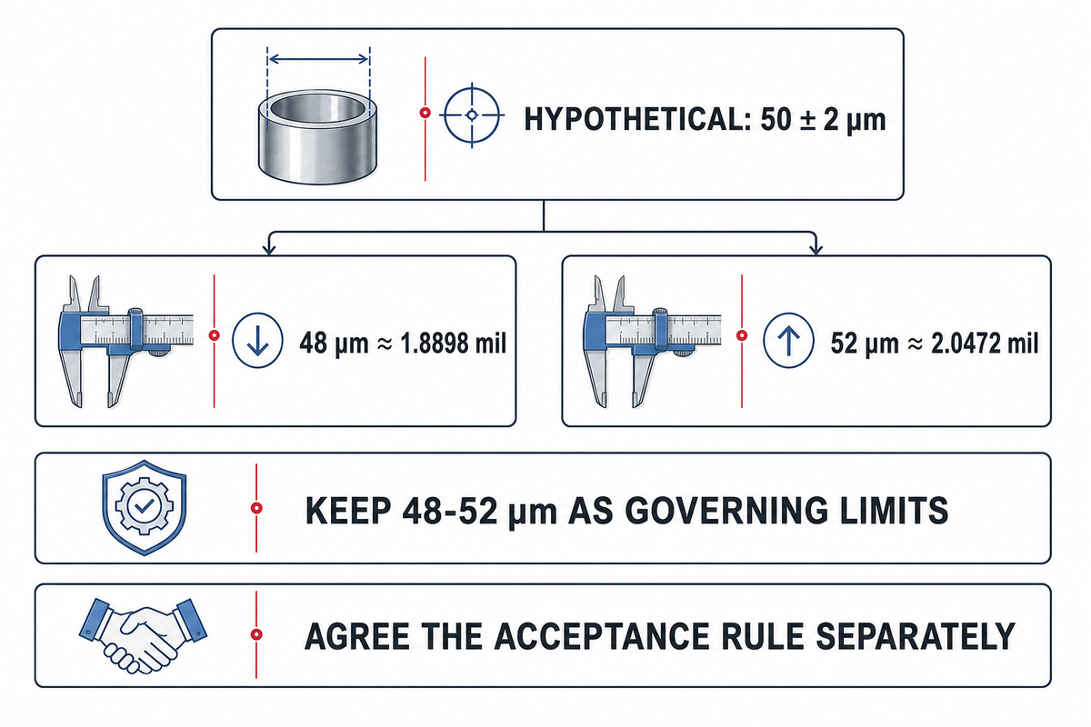 Hypothetical 48 to 52 micron specification limits and rounded mil equivalents