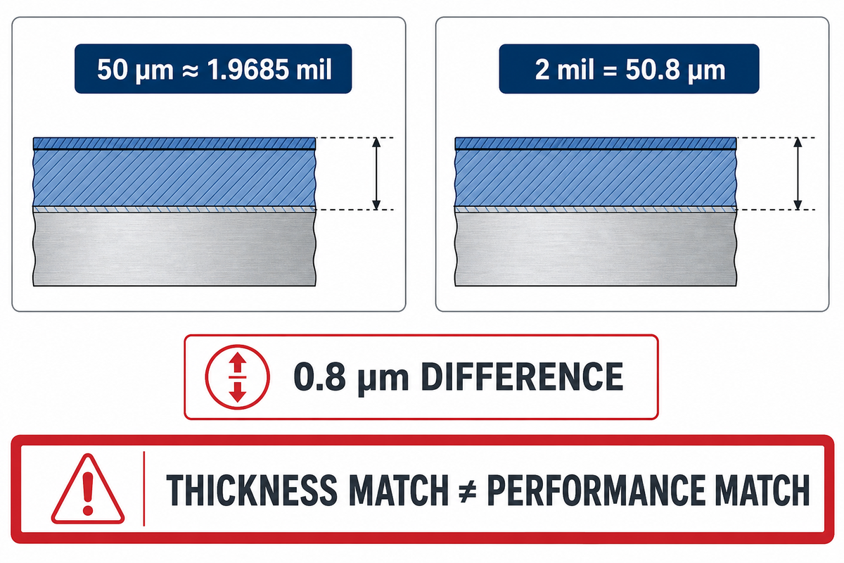 50 microns and 2 mil have a nominal arithmetic difference of 0.8 micron