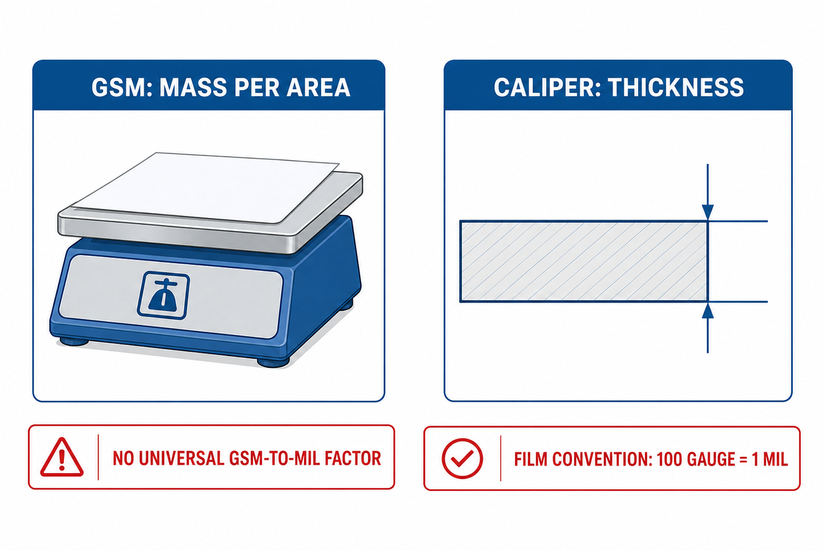 GSM measures mass per area while caliper measures thickness
