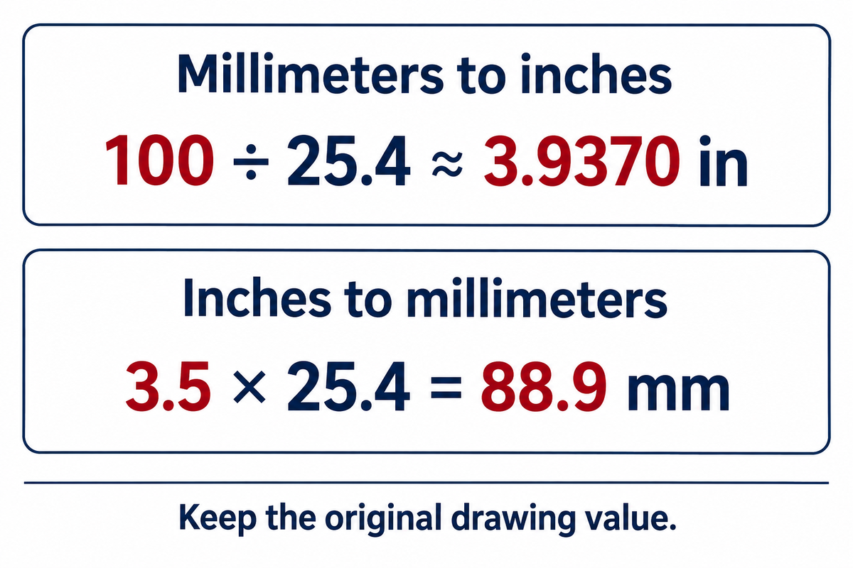100 mm converts to about 3.9370 in; 3.5 in converts to 88.9 mm using the exact NIST factor.