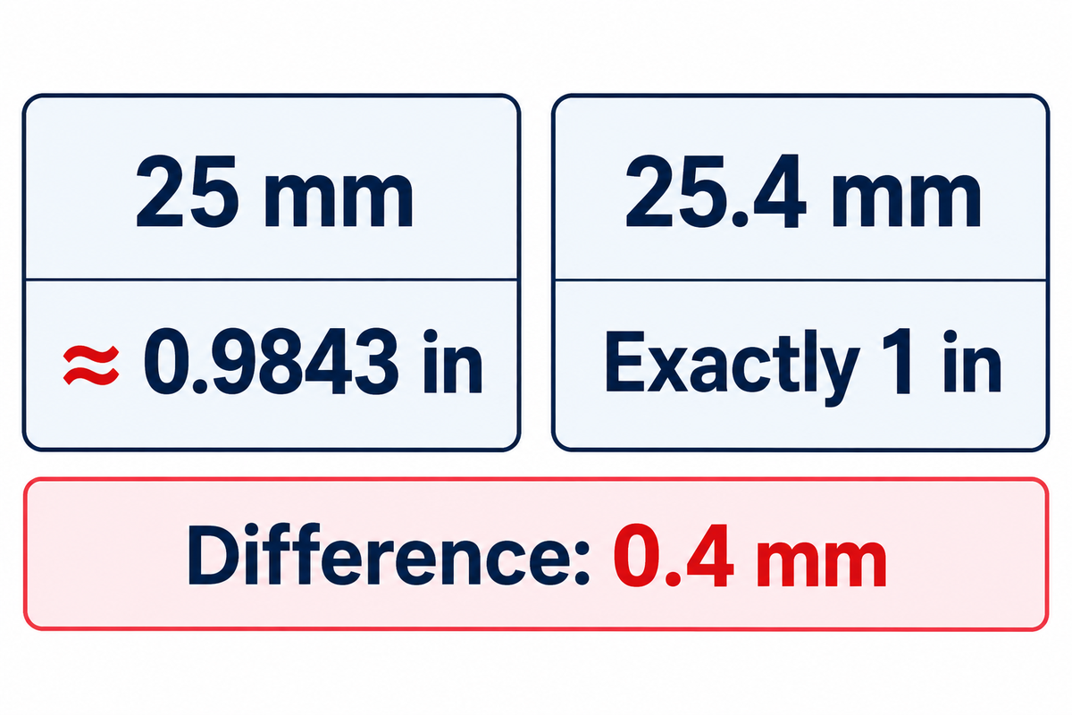 25 mm is about 0.9843 in; 25.4 mm is exactly 1 in, a 0.4 mm difference (NIST).