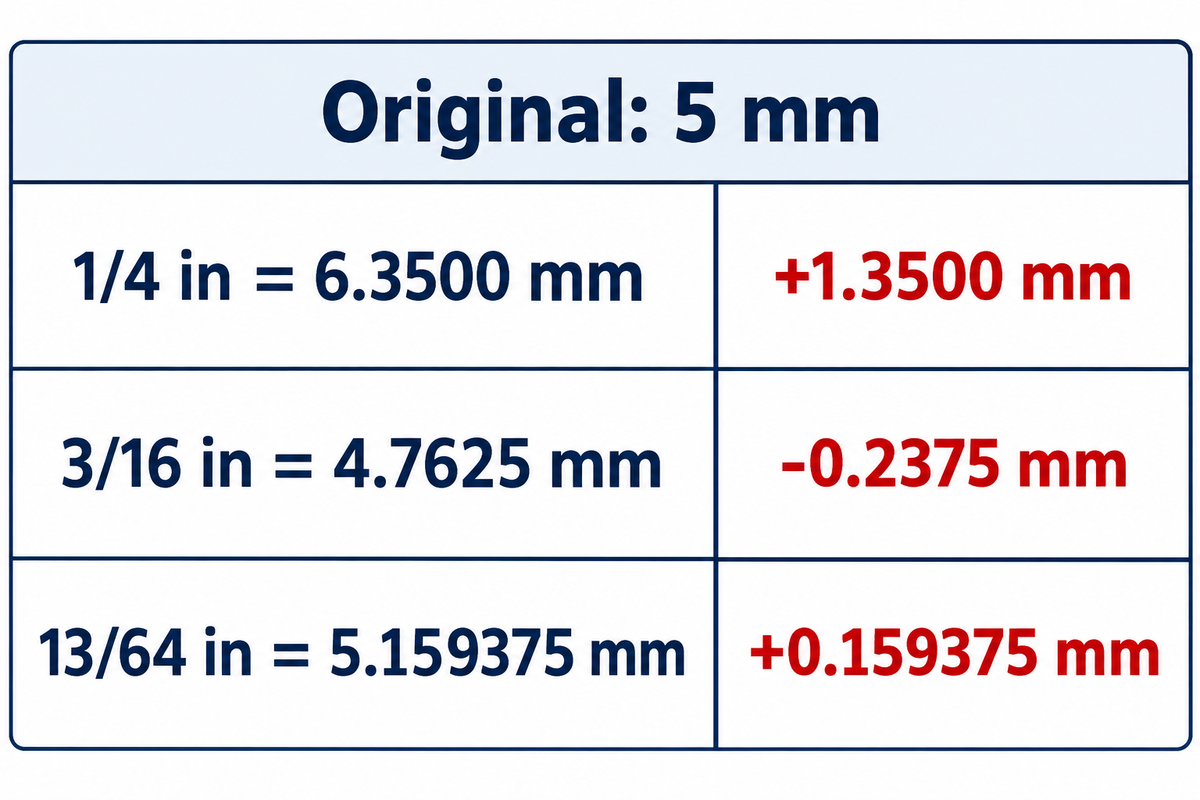 Quarter inch exceeds 5 mm by 1.35 mm; 3/16 in is 0.2375 mm smaller (NIST factor).