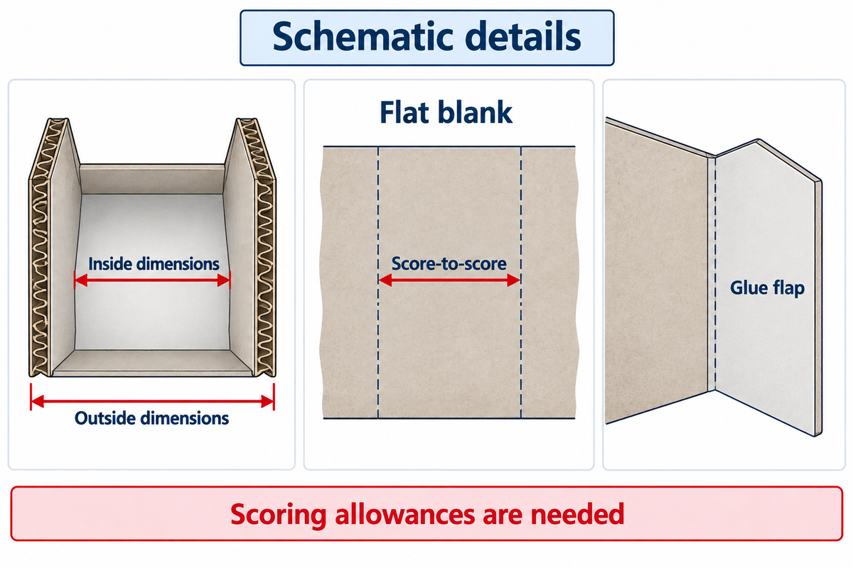 Inside box size and flat-blank score-to-score dimensions require distinct references (TAPPI T 827).