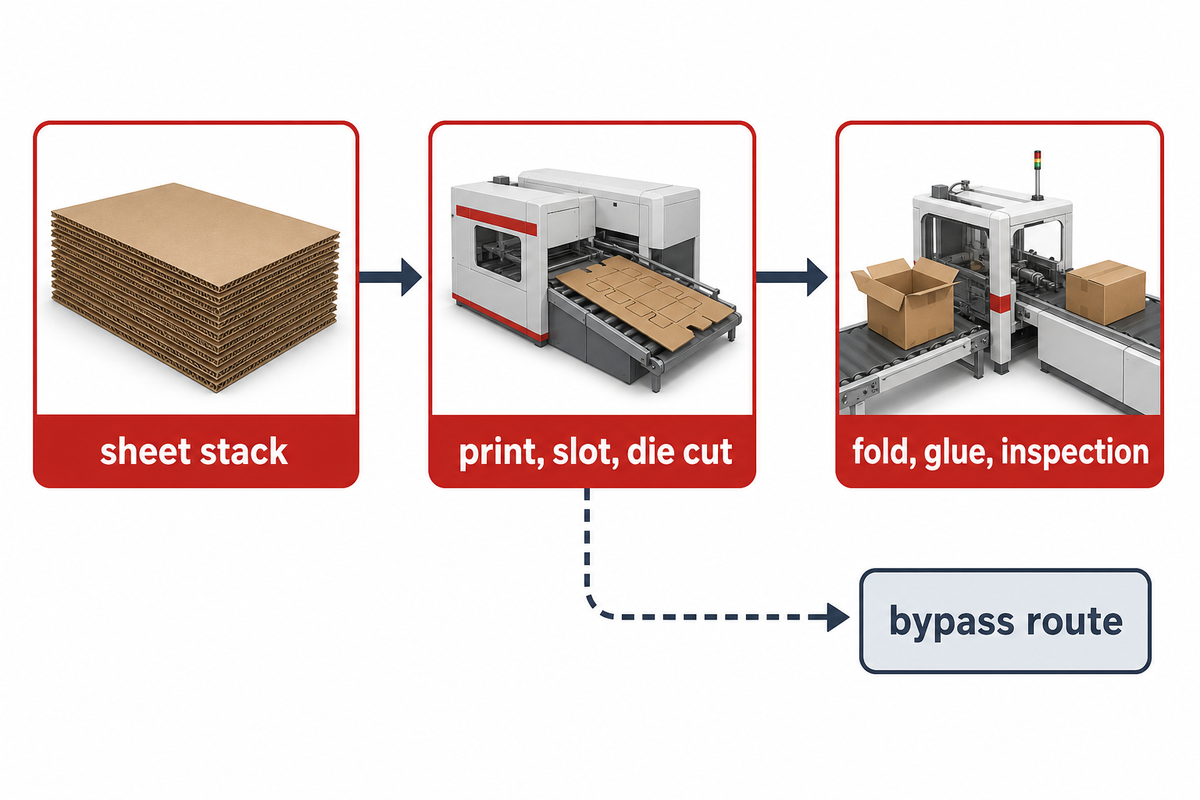Material-flow map from sheet stack through print and cut to folding, gluing and inspection, with a bypass route