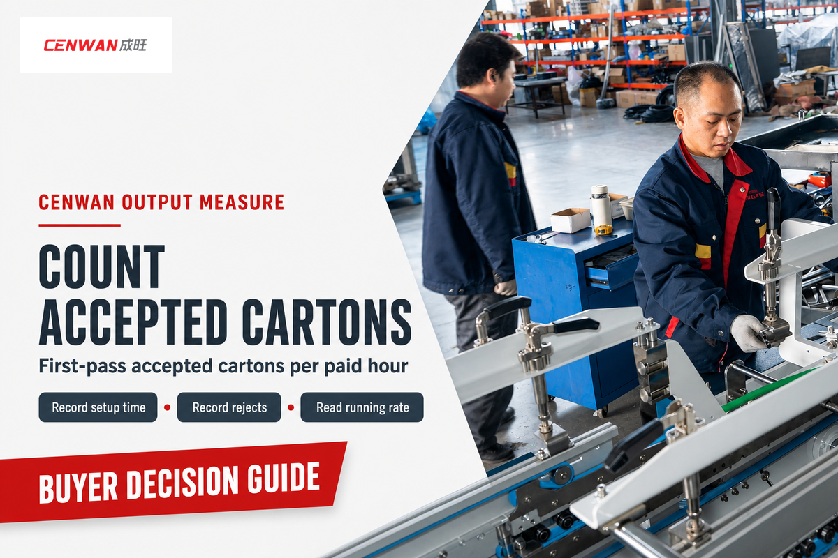 Cenwan technicians at box-converting equipment with a reminder to count first-pass accepted cartons per paid hour and read machine running rate separately