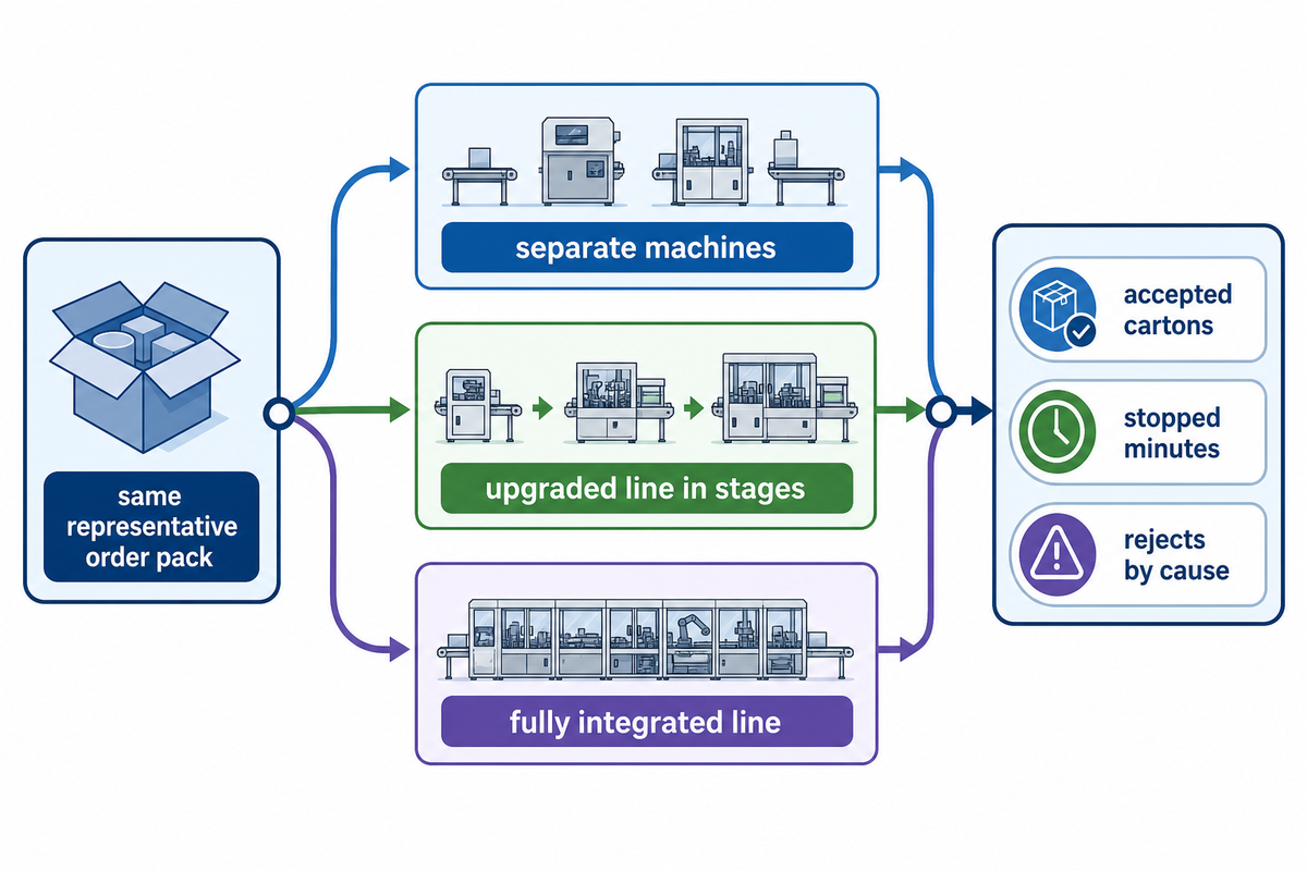 Three route alternatives receive the same test order pack and are compared on accepted cartons, stopped minutes and reject causes
