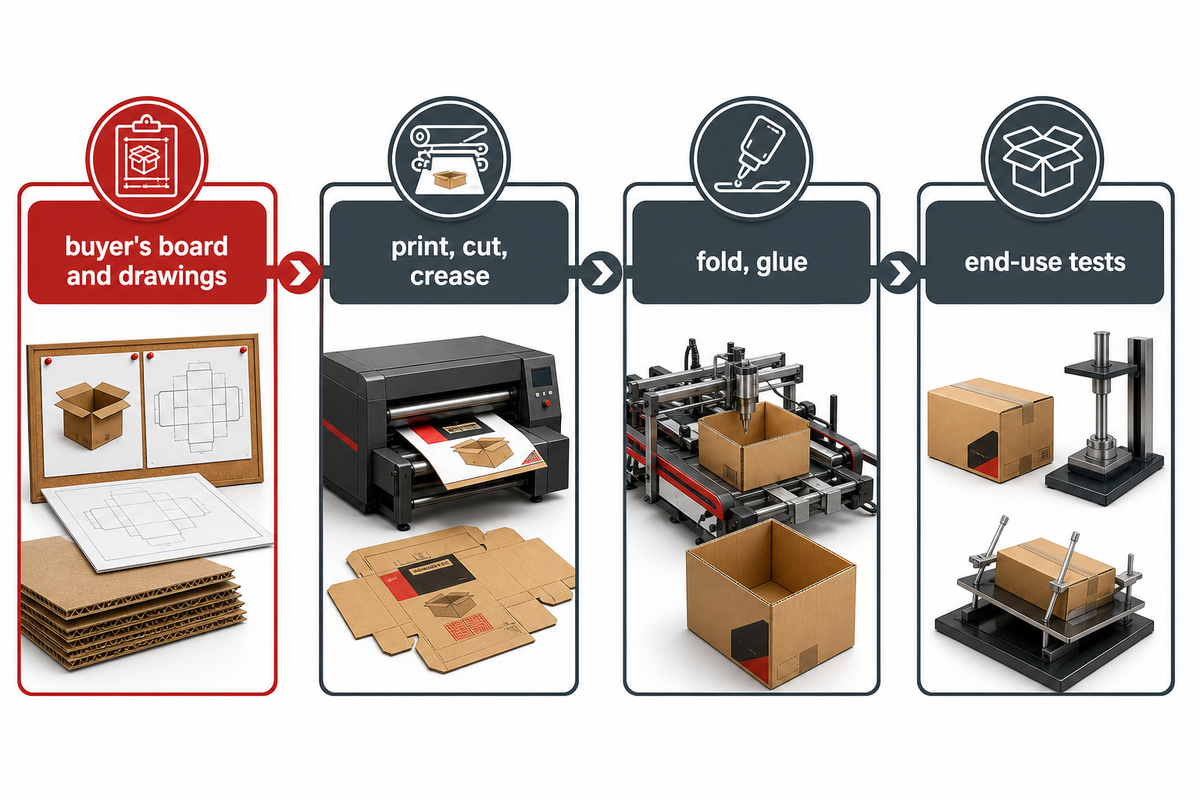 Corrugated board acceptance chain checking print, cut, crease, fold, glue and end-use performance on the buyer's material