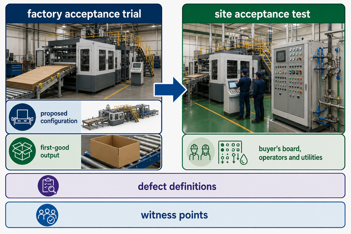 Factory trial at the proposed configuration followed by site test with buyer board, operators and utilities, using shared defect definitions