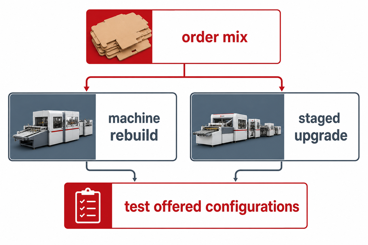 Flexibility decision comparing machine rebuild, staged upgrade and configuration testing against the current order mix