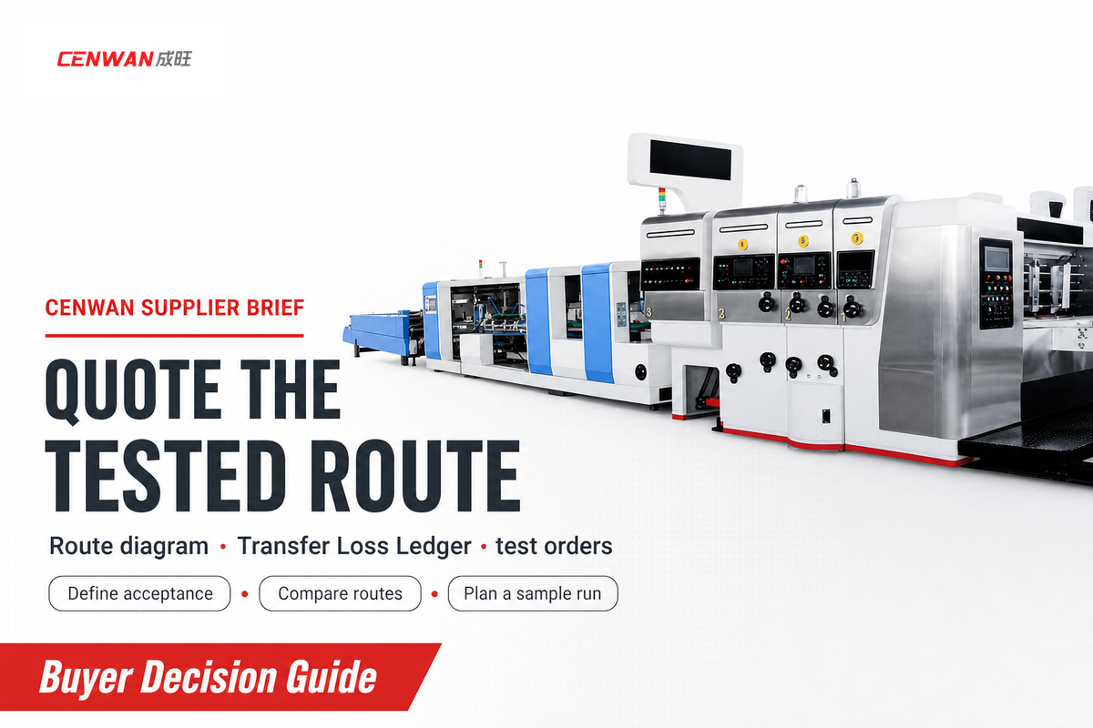 Cenwan converting-line photo introducing a supplier brief with route diagram, loss ledger, test orders and acceptance criteria