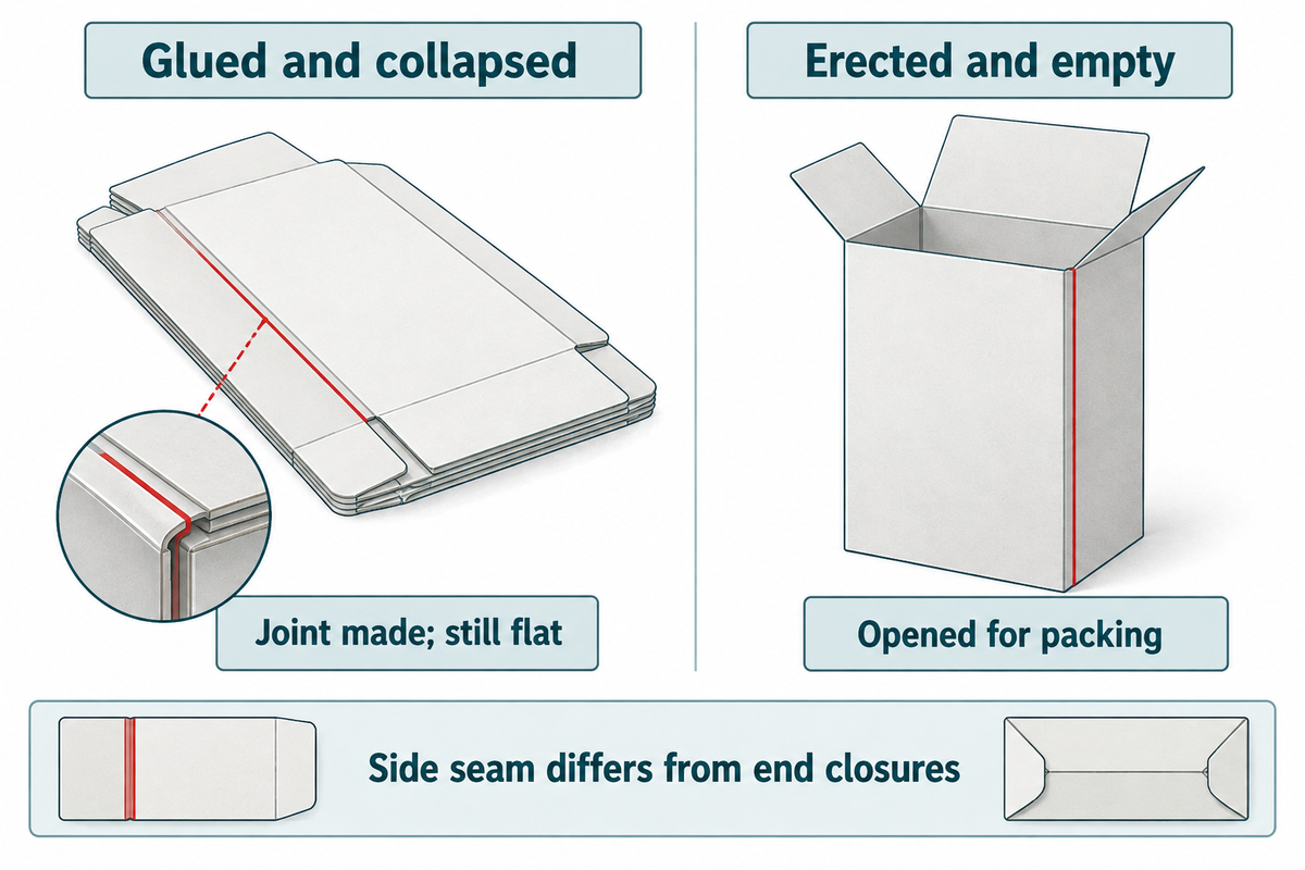 A glued carton may remain collapsed; erecting it creates an empty three-dimensional pack.