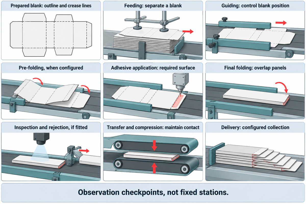 The Blank-to-Bond Trace follows a carton through nine observation checkpoints, including optional operations.