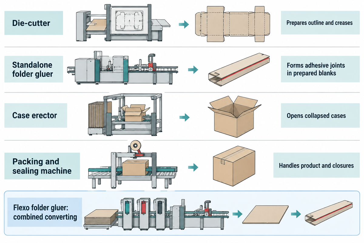 Die-cutting, folder-gluing, case erecting and packing change different parts of the carton process.